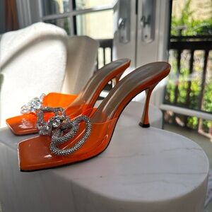 MACH & MACH Orange Rhinestone-Embellished Clear Strap Heels